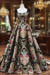 Unique Floral Floor Length Semi Formal Prom Dress, A-Line Black Evening Dress